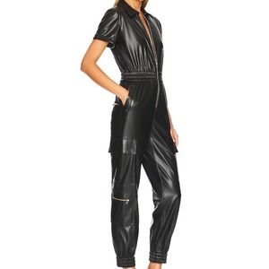 Alice & Olivia Levi Jumpsuit One-Piece Women Size 6 Black Faux Leather Half Zip